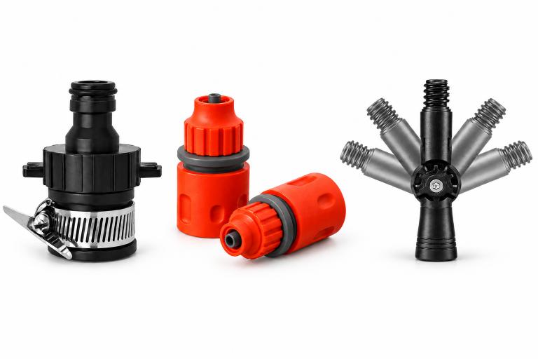 Water fed pole hose connectors and threaded adapters