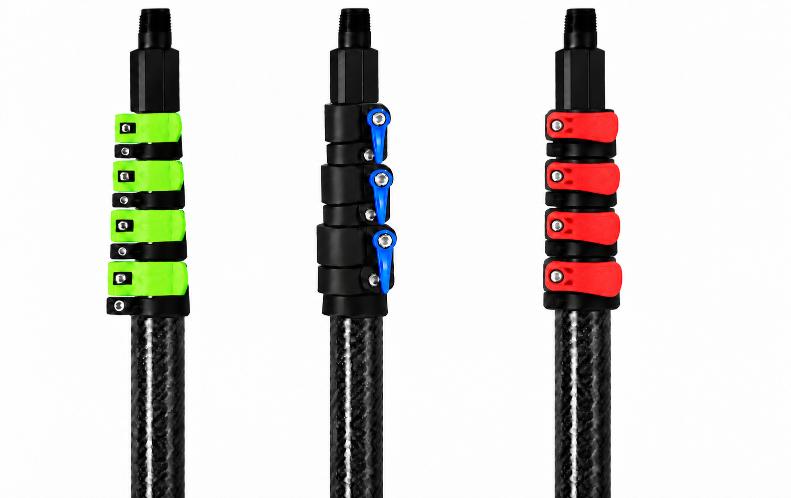 Carbon fiber poles with green, blue, and red clamps