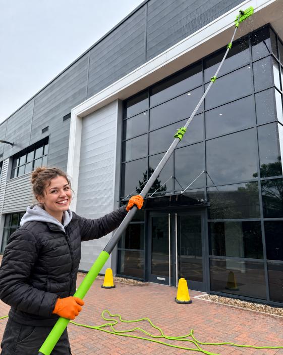 Female operator holding a water fed pole with an extended lime green EVA grip