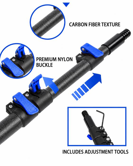 Carbon fiber water fed pole with blue quick-release clamps and an adjustment tool