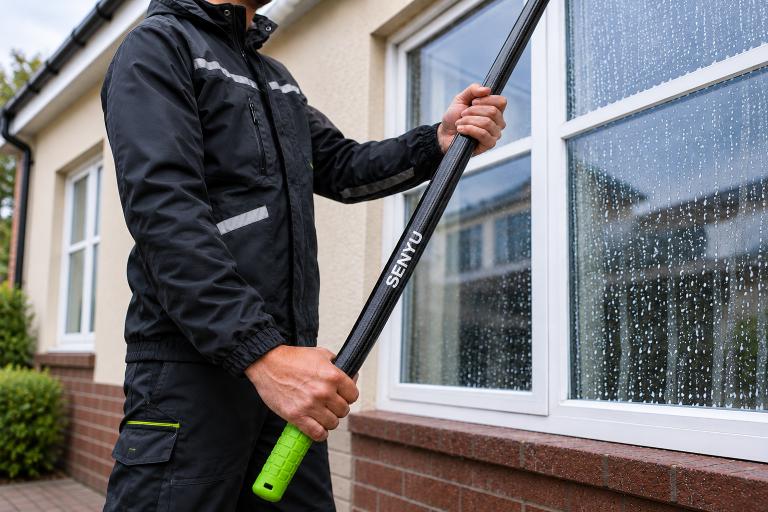 Window cleaner using a SENYU branded water fed pole with a green gri